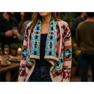 💙 Moon Collection Southwest Aztec Open-Front Knit Drape Sweater – Med- Boho Y2K